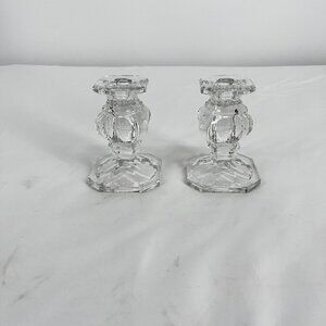 Set of 2 Gorham Crystal 4" Candlestick Holders - Clear Baroque Design Square Bas